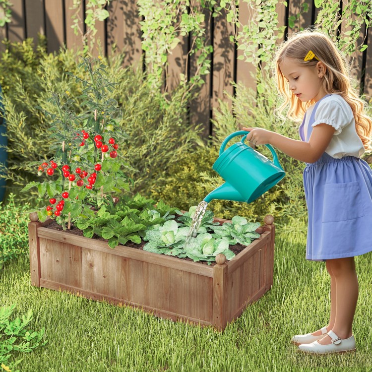 Rectangular brown planter box made of fir wood, featuring drainage holes, filled with plants in a backyard garden.