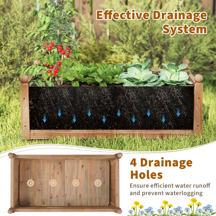 Rectangular brown planter box made of natural fir wood, featuring 4 drainage holes for efficient water runoff in.