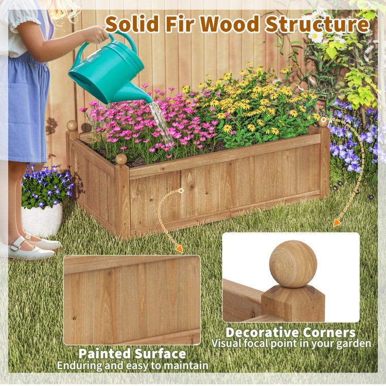 Rectangular brown planter box made of fir wood, featuring decorative corners and drainage holes for outdoor gardening.
