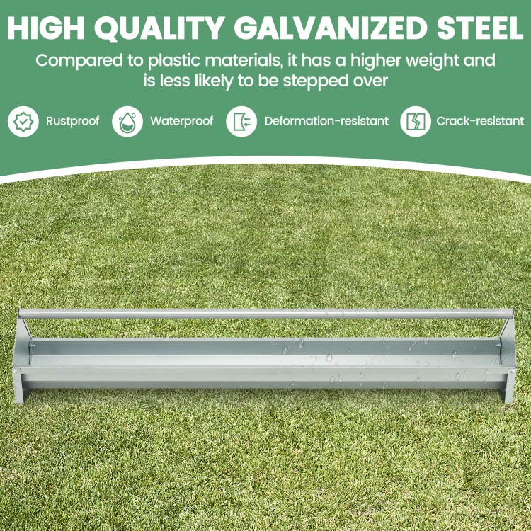 Metal chicken feeder made of galvanized steel with drainage holes, accommodating 12 chickens for easy feeding and.