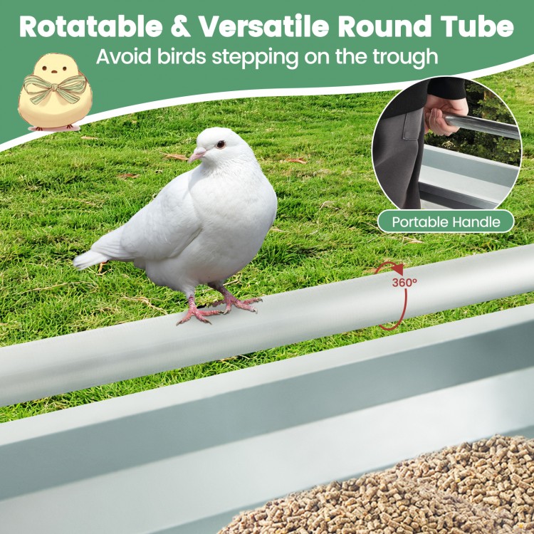 Metal chicken feeder with rotatable round tube, 4-gallon capacity, and drainage holes for easy cleaning and fresh food.