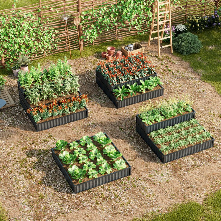 Three-tier heavy-duty metal raised garden bed planter boxes in black, ideal for growing vegetables and flowers outdoors.