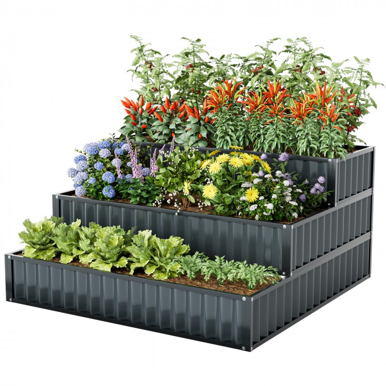 Three-tier heavy-duty metal raised garden bed planter box in black, ideal for various plants, preventing water.