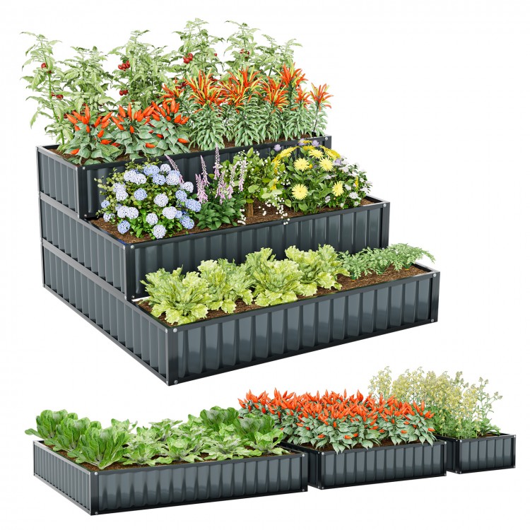 Three-tier heavy-duty metal raised garden bed planter box in black, ideal for various plants and flexible layouts.