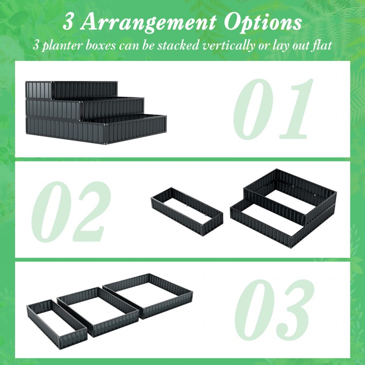 Three heavy-duty metal planter boxes in black, arranged for flexible outdoor gardening options and effective drainage.