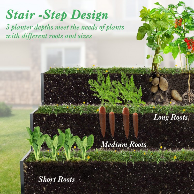 3-tier raised garden bed planter box in black, designed for short, medium, and long-root plants, ideal for outdoor.