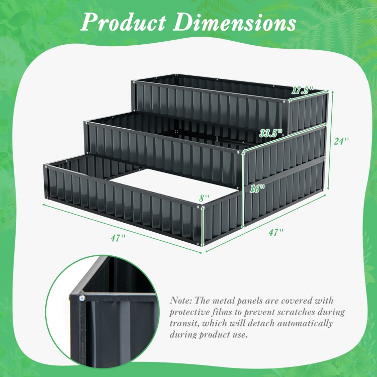 3-tier heavy-duty metal raised garden bed planter box in black, featuring dimensions for flexible outdoor gardening.