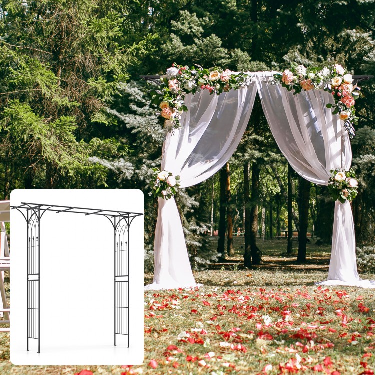 Metal garden arch with black powder-coated finish, perfect for supporting climbing plants and enhancing garden entry.