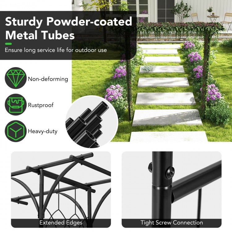 Metal garden arch with sturdy powder-coated finish, ideal for supporting climbing plants and enhancing garden.
