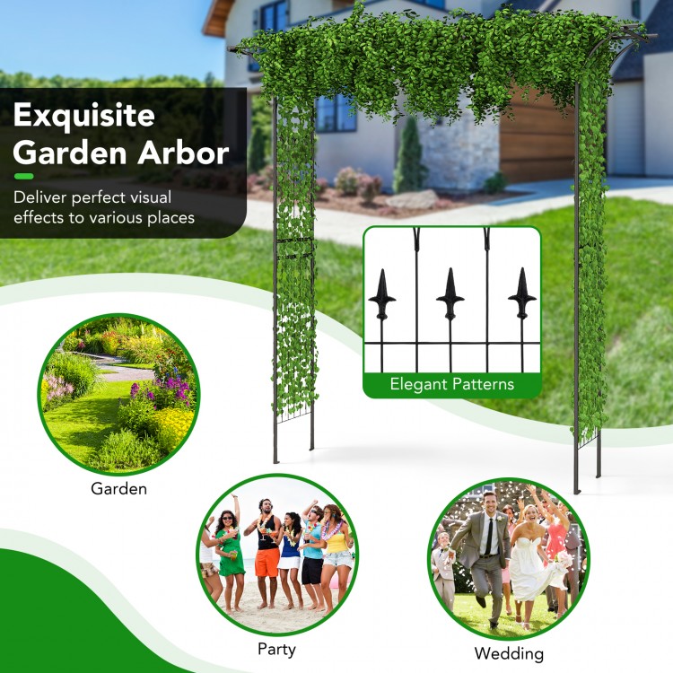 Metal garden arch with a black powder-coated finish, perfect for supporting climbing plants and enhancing garden.