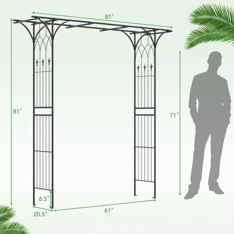 Metal garden arch measuring 81 x 20 inches, featuring a powder-coated black finish, ideal for climbing plants and vines.