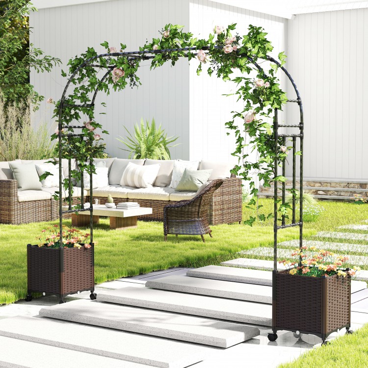 Garden arch trellis with faux woven rattan design, two planter boxes, and lockable wheels for easy mobility.