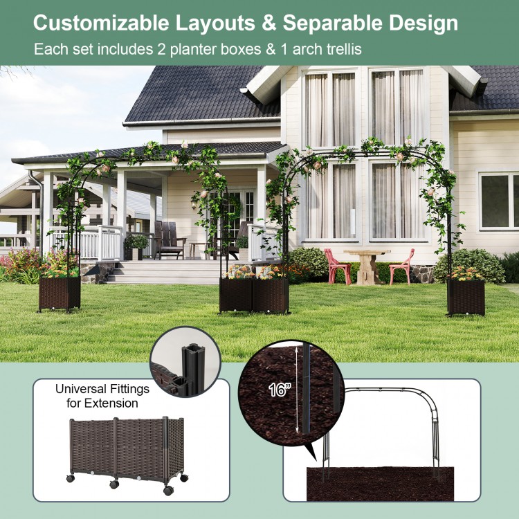 Garden arch trellis with 2 planter boxes in black, featuring lockable wheels and a faux woven rattan design for easy.