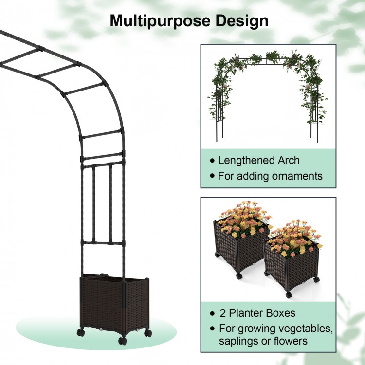 Garden arch trellis with two planter boxes, featuring a faux woven rattan design and lockable wheels for easy mobility.