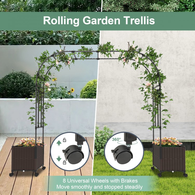 Garden arch trellis with two planter boxes, black, featuring lockable wheels for easy movement and stability.