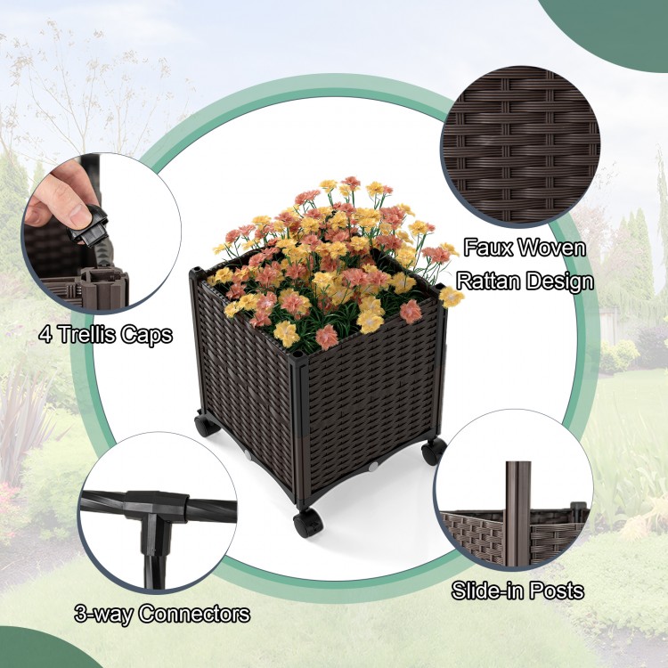 Faux woven rattan planter box with flowers, featuring 4 trellis caps and lockable wheels for easy mobility.