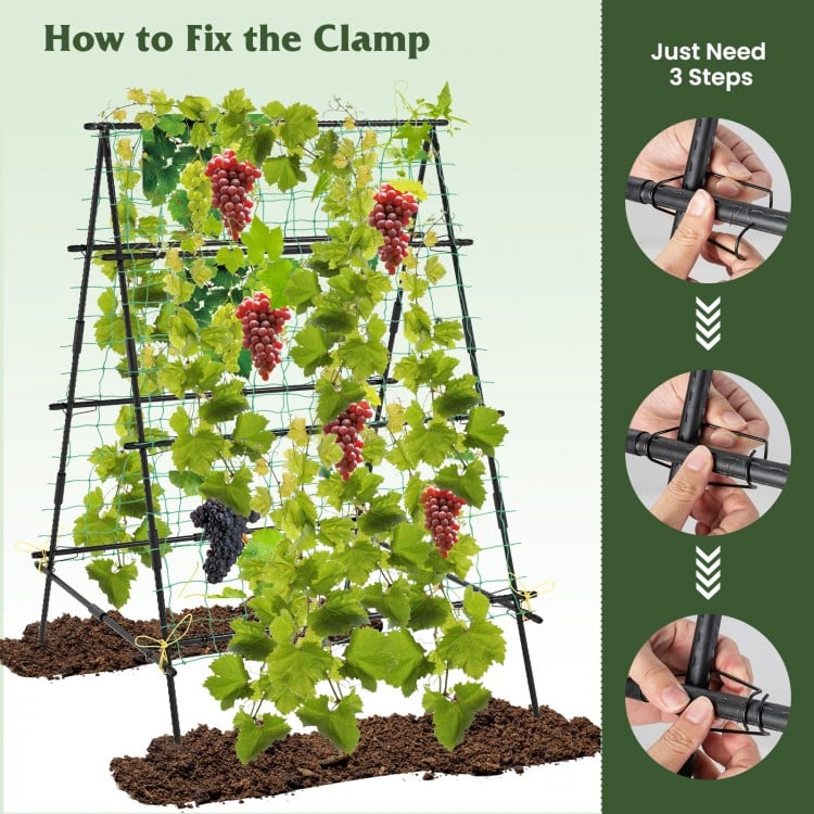 A-frame garden cucumber trellis with netting for climbing plants, featuring sturdy PE-coated metal tubes for outdoor.