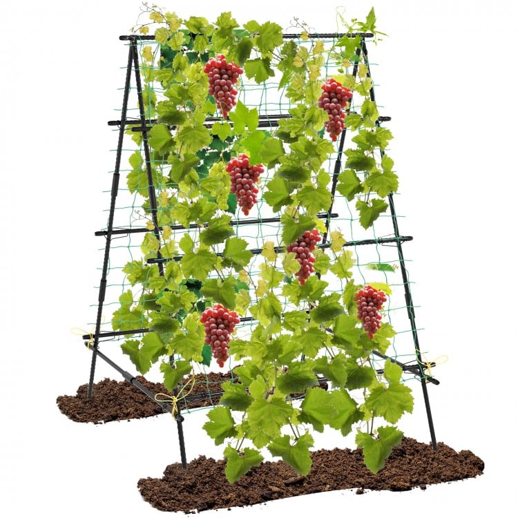 A-frame garden trellis with netting for climbing plants, featuring sturdy PE-coated metal tubes for outdoor use.
