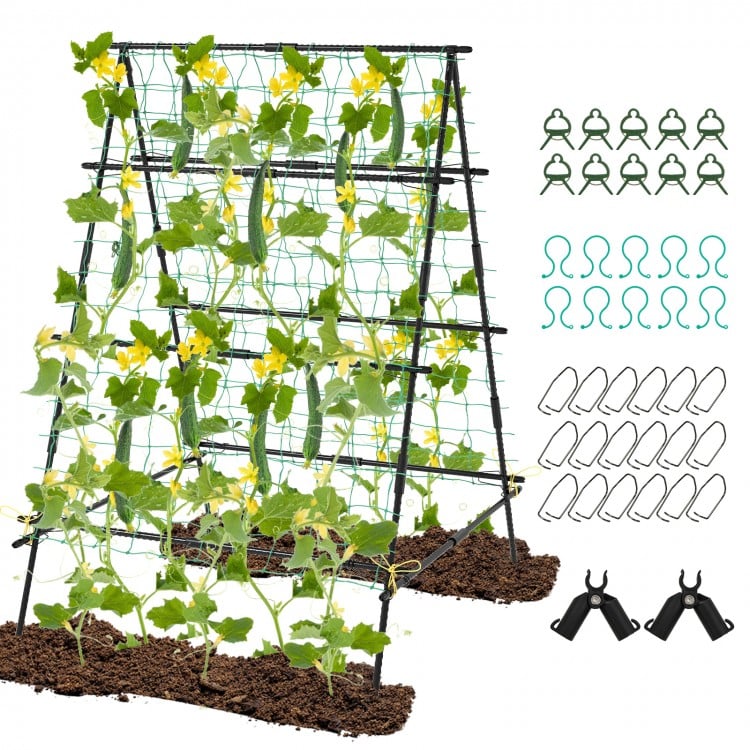 A-frame garden cucumber trellis with netting, sturdy black metal for climbing plants, ideal for outdoor gardening.
