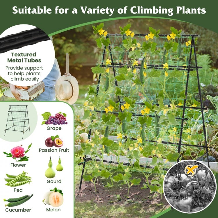 A-frame garden trellis with netting for climbing plants, featuring durable PE-coated metal tubes for outdoor use.