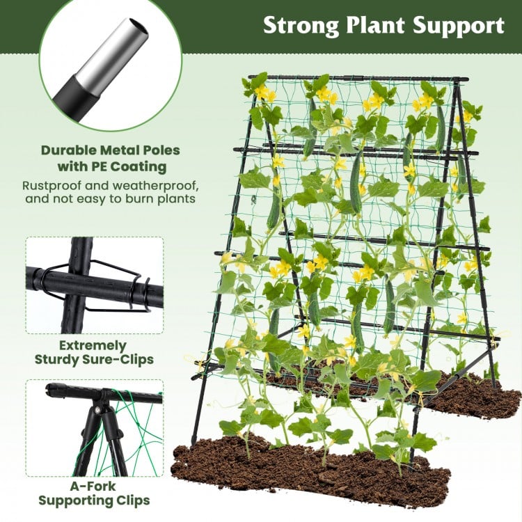 A-frame garden cucumber trellis with netting, featuring durable PE-coated metal poles for climbing plants outdoors.
