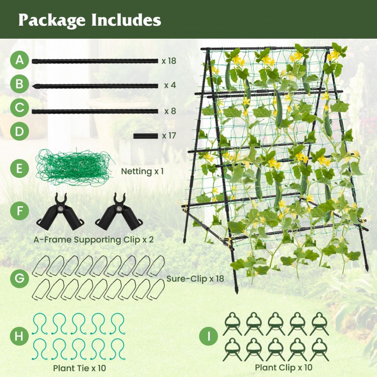 A-frame garden cucumber trellis with netting, featuring sturdy PE-coated metal tubes for climbing plants outdoors.