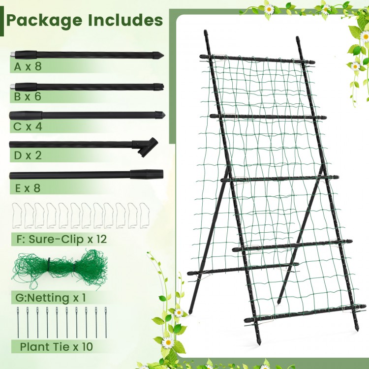 74-inch tall black garden trellis with A-frame design, sturdy sure-clips, and included plant ties for climbing plants.