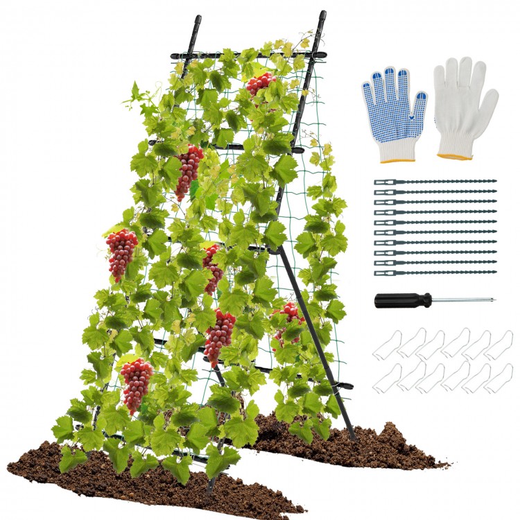 74-inch tall A-frame garden trellis in black for climbing plants, includes sturdy clips, plant ties, and screwdriver.