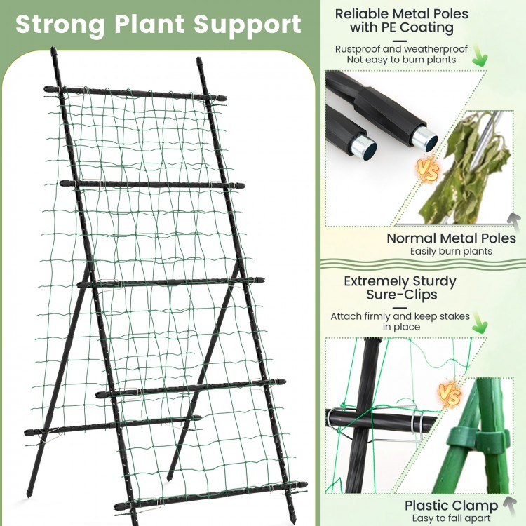 74-inch tall A-frame garden trellis in black with PE-coated metal poles, ideal for supporting climbing plants securely.