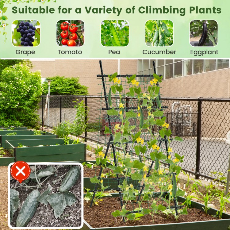 74-inch tall A-frame garden trellis in black, ideal for climbing plants like cucumbers, tomatoes, and peas.
