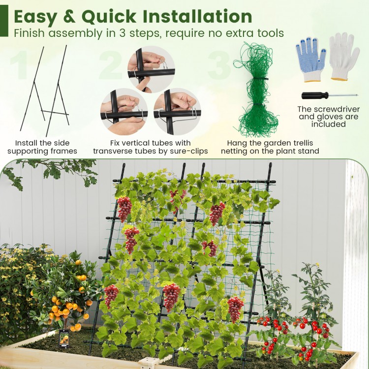 74-inch tall black garden trellis with A-frame structure, easy installation, perfect for climbing flowers and.