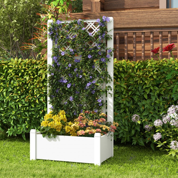 Self-watering outdoor planter box with trellis, greyish-white, ideal for climbing plants and garden vegetables.