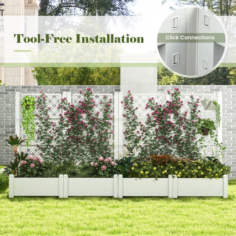 Self-watering raised garden bed trellis in greyish-white with click connections, ideal for deck or garden use.