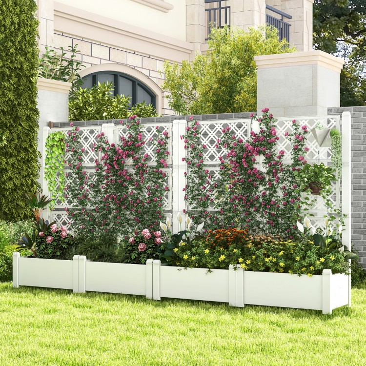 Self-watering outdoor planter box with trellis, greyish-white, ideal for vegetables and climbing plants in gardens.