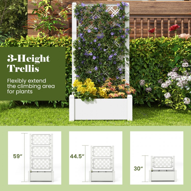 Outdoor planter box with a 3-height trellis, self-watering system, and 14-gal capacity for versatile gardening.
