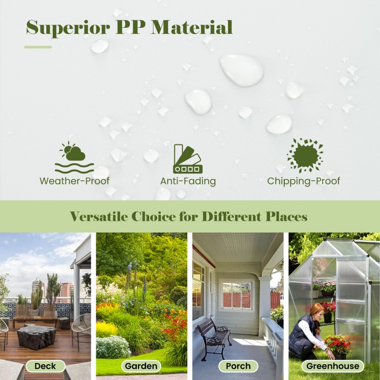 Self-watering raised garden bed trellis in greyish-white, made of weather-proof PP material, ideal for deck or garden.