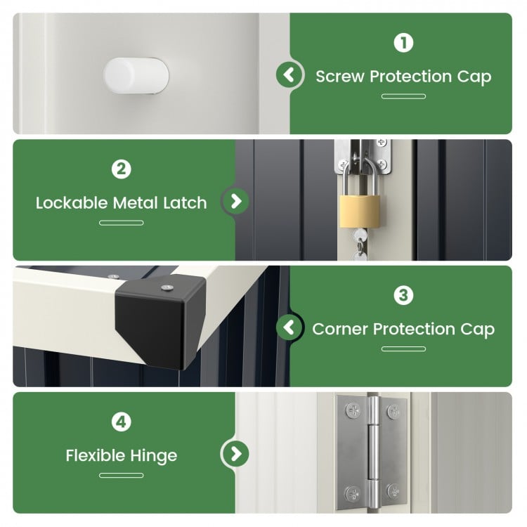 Close-up of the lockable metal latch on a gray 4 x 3 FT metal outdoor storage shed for secure storage.
