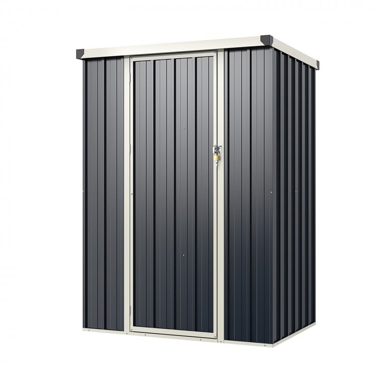 Metal outdoor storage shed with lockable door, gray color, ideal for yard organization and tool storage.