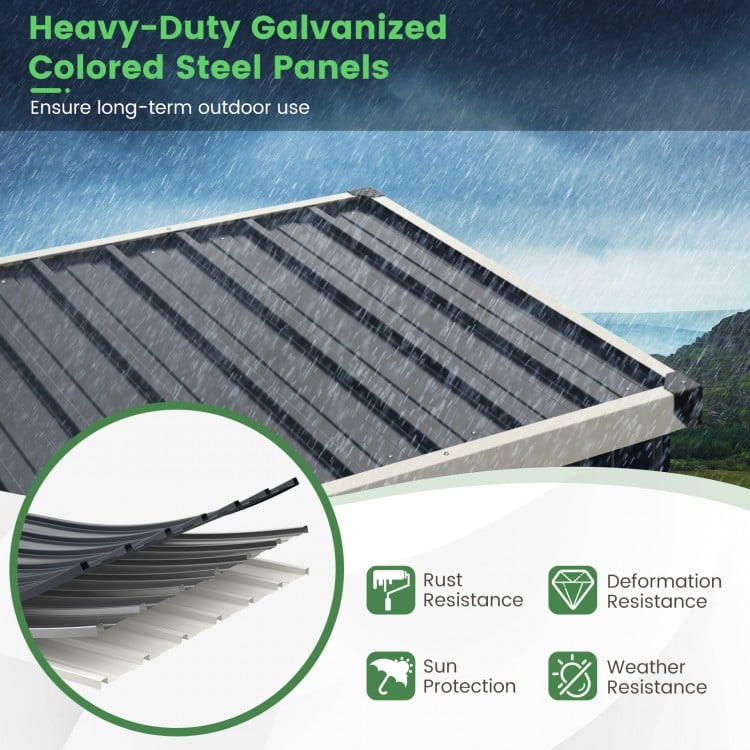 Close-up of heavy-duty galvanized steel panels showcasing rust resistance and sun protection for outdoor storage shed.