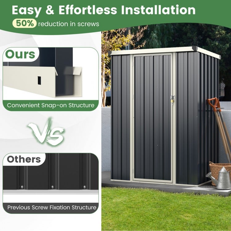 Metal outdoor storage shed with lockable door, featuring snap-on structure for easy installation and ample storage.