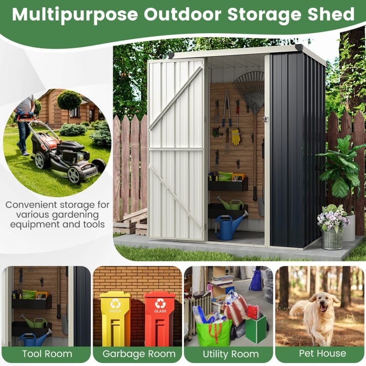 Metal outdoor storage shed with lockable door, gray color, ideal for organizing tools and outdoor equipment.