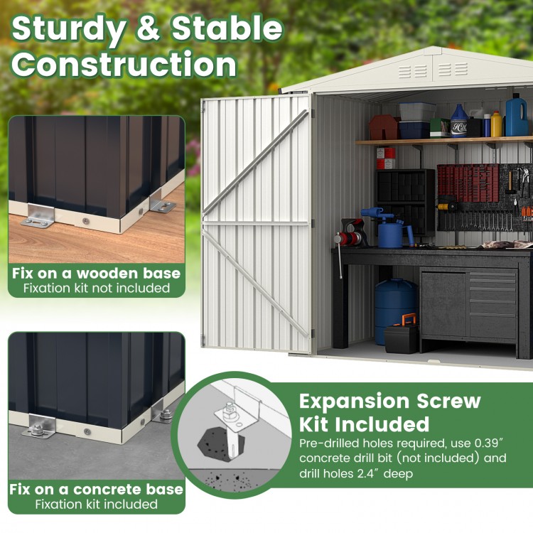 Close-up of the 7 x 4 feet gray metal outdoor storage shed showing sturdy construction and expansion screw kit included.