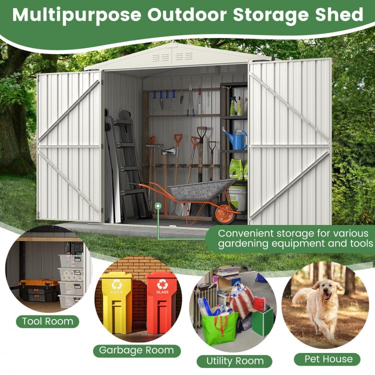 Metal outdoor storage shed with lockable door, 7 x 4 feet, ideal for organizing tools and gardening equipment.