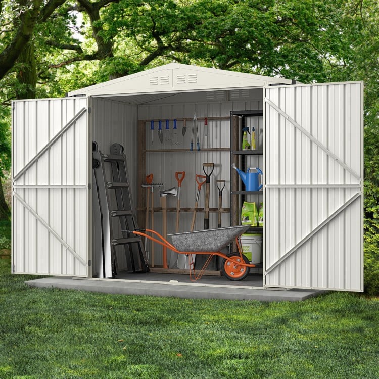 Metal outdoor storage shed with lockable door, featuring a pitched roof and ample space for organizing tools and.