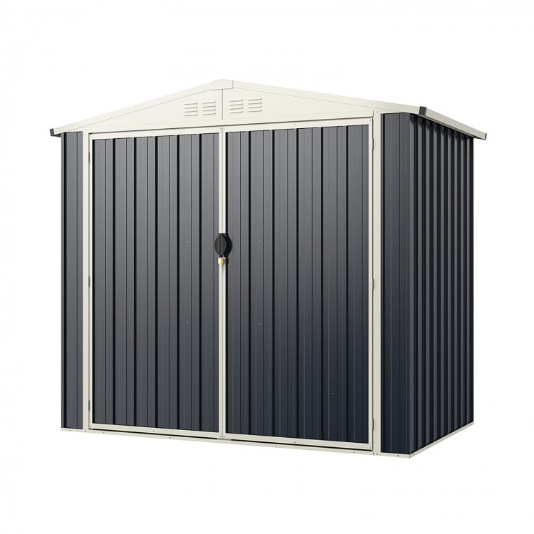 Metal outdoor storage shed with lockable door, 7 x 4 feet, gray color, ideal for organizing tools and outdoor items.