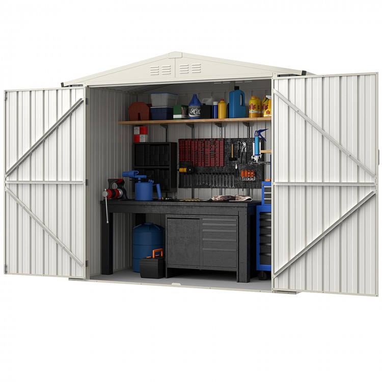 Metal outdoor storage shed with lockable door, featuring a spacious interior for tools and organization, ideal for.