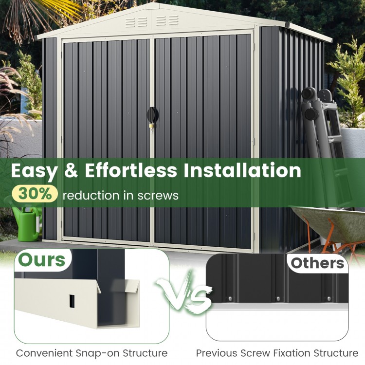 7 x 4 feet gray metal outdoor storage shed with lockable door, featuring snap-on structure for easy installation.