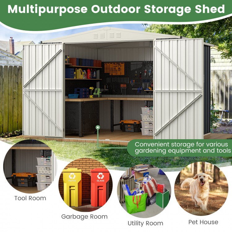 Metal outdoor storage shed with lockable door, featuring ample space for tools, trash, and utility items in gray.
