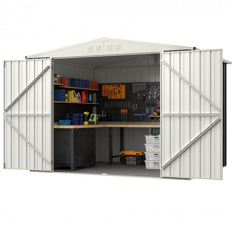 Metal outdoor storage shed with lockable door, featuring a pitched roof and ample space for organizing tools and.