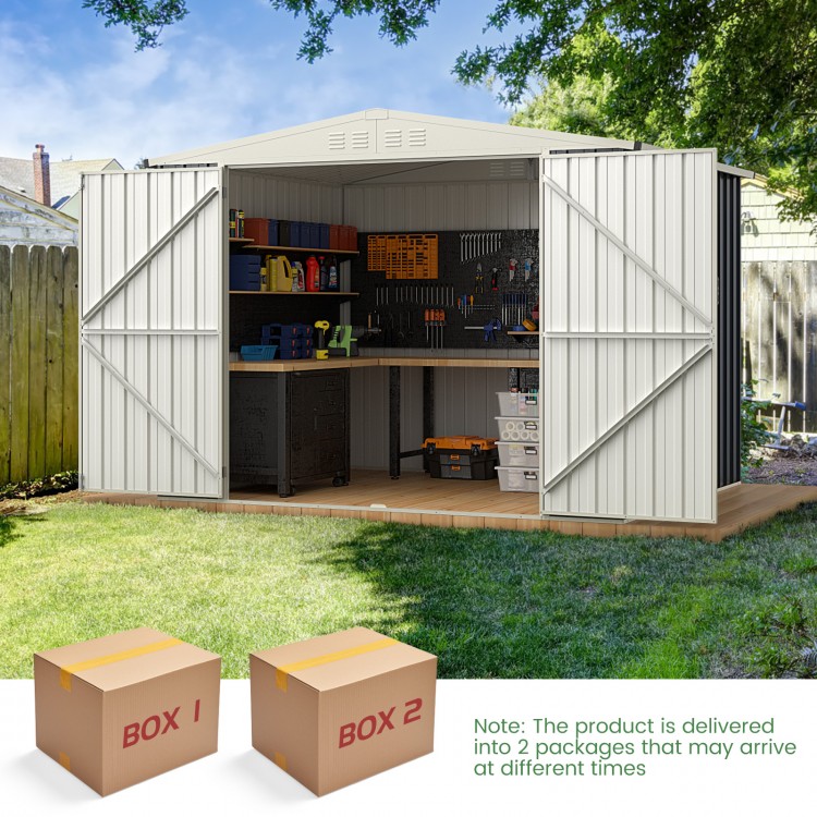 Metal outdoor storage shed with lockable door, gray, featuring ample space and pitched roof for organization and.
